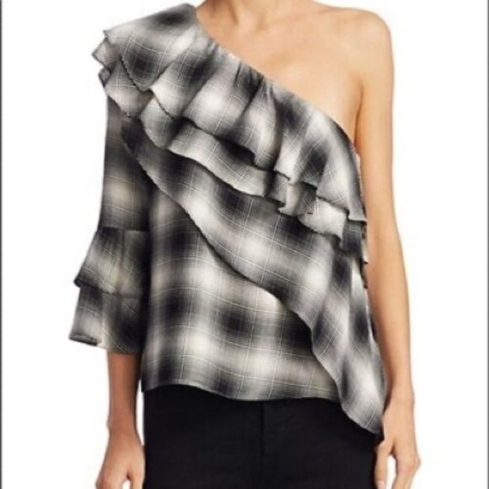 Alice + Olivia Black White Plaid One Shoulder Ruffle Top Size Med
